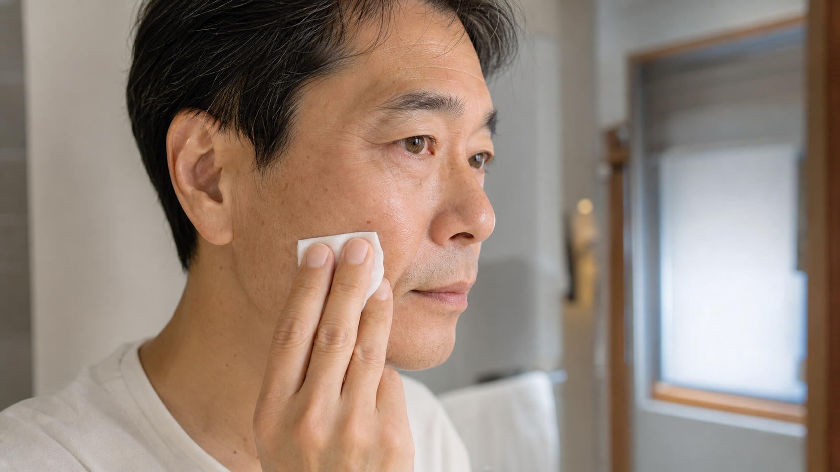 コットンで頬をやさしく拭き取る50代男性